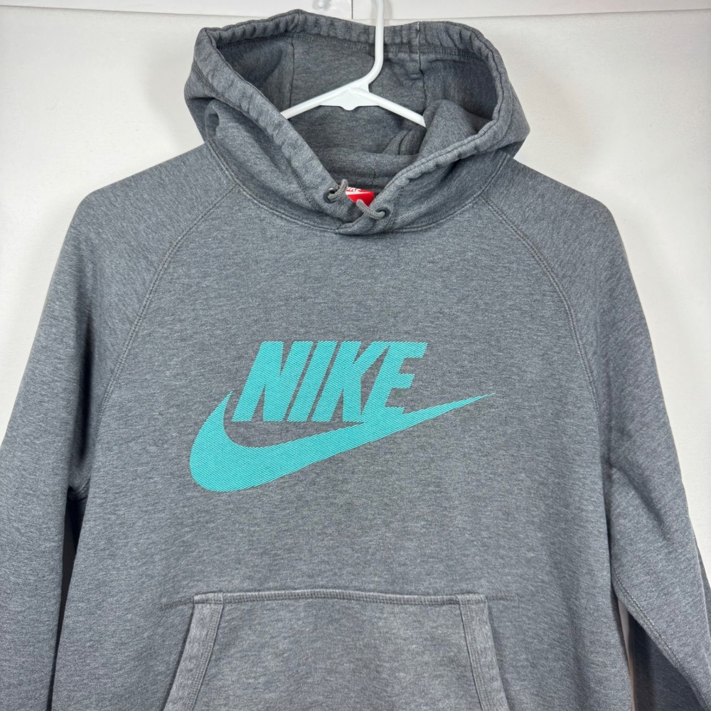 Nike Gray Hoodie Medium Turquoise Logo Pullover Sweatshirt Casual Activewear‎